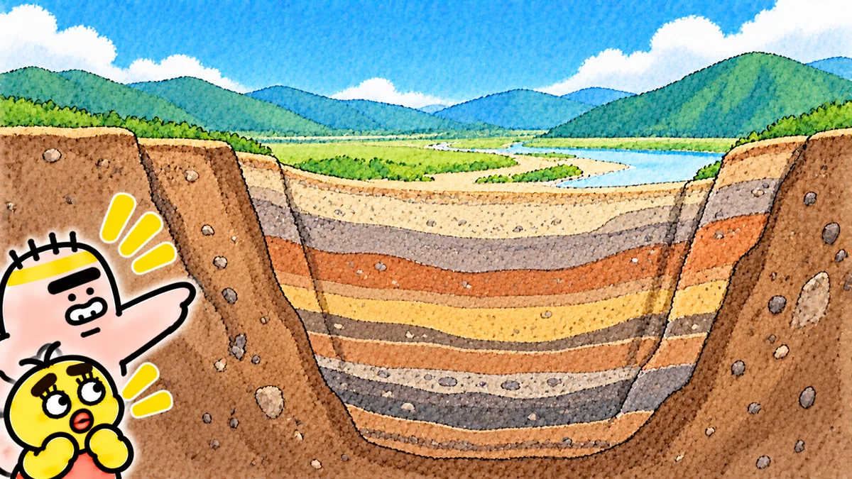 地面を切ったような断面図。深い溝の中に、色のちがう地層が何層にも厚くつもっている。ゴンゾウが熱く指さしている