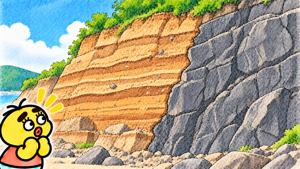 崖の断面に、しま模様の茶色い地層と灰色のごつごつした岩がくっきり分かれて並んでいる。ちゃむ太がその境目を見て驚いている
