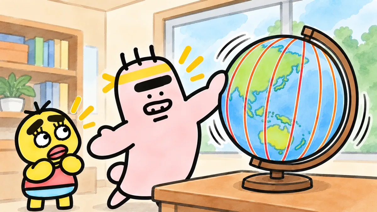 たての線が何本も引かれた地球儀を、ゴンゾウが熱く回し、ちゃむ太が見上げている
