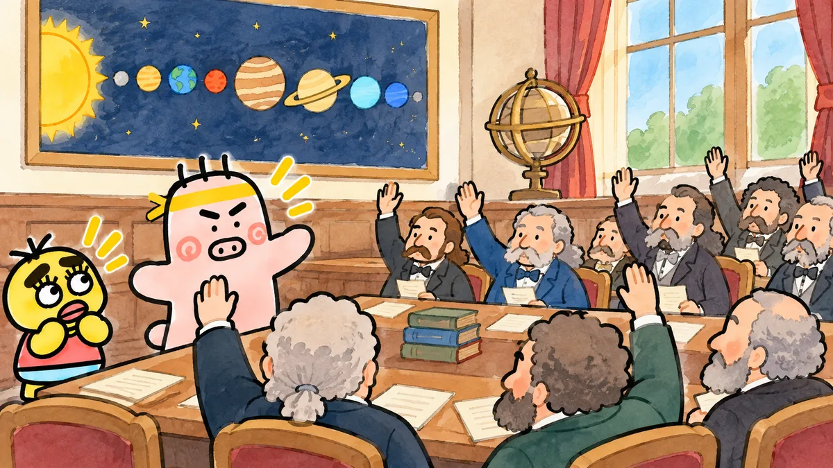 世界中の天文学者が大きな会議室に集まり、手をあげて投票している。ゴンゾウが熱く語っている