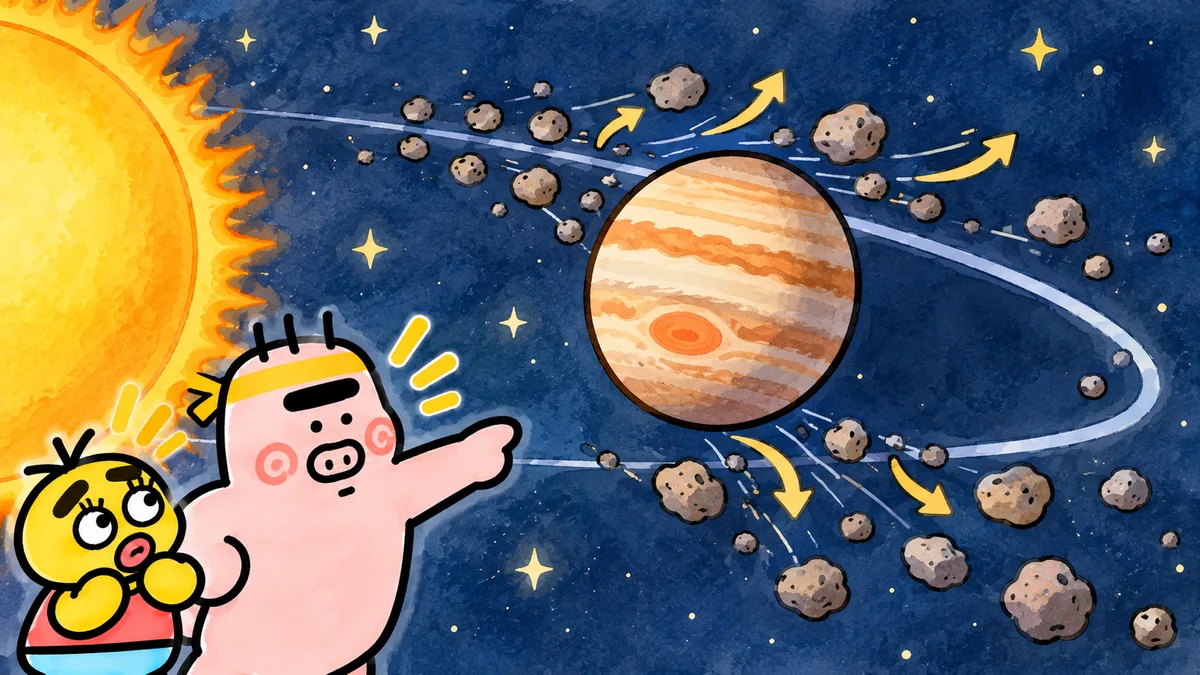太陽のまわりの軌道の上で、大きな惑星が近くの小さな石を押しのけて、自分の通り道をすっきりさせている。ゴンゾウが力強く指さしている