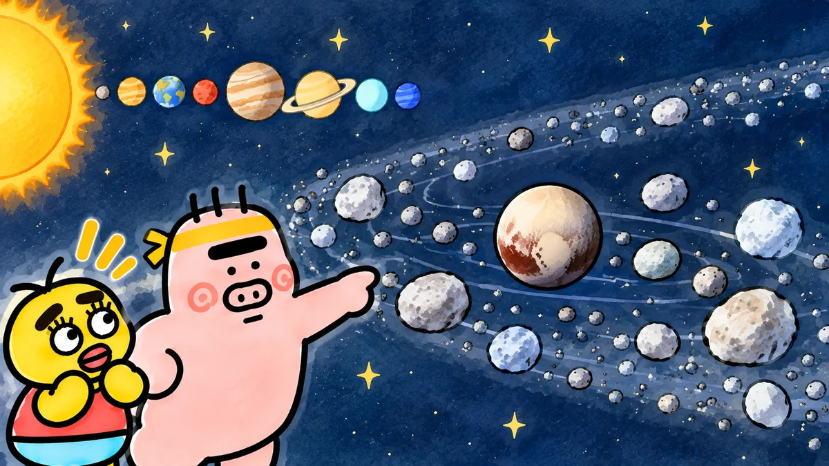 小さな冥王星が、似た大きさのたくさんの氷の天体にまじって回っている。ちゃむ太が「なるほど！」とひらめいている