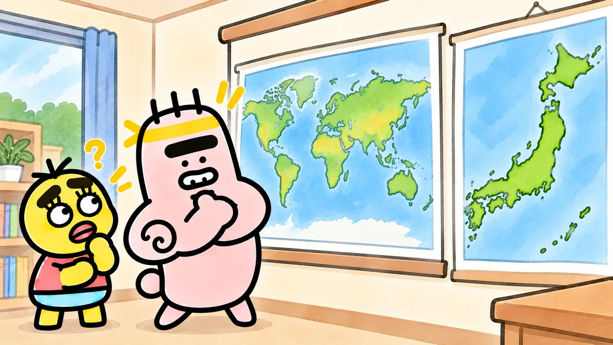 壁にはった世界地図と日本地図を見くらべながら、ちゃむ太とゴンゾウが考えこんでいる
