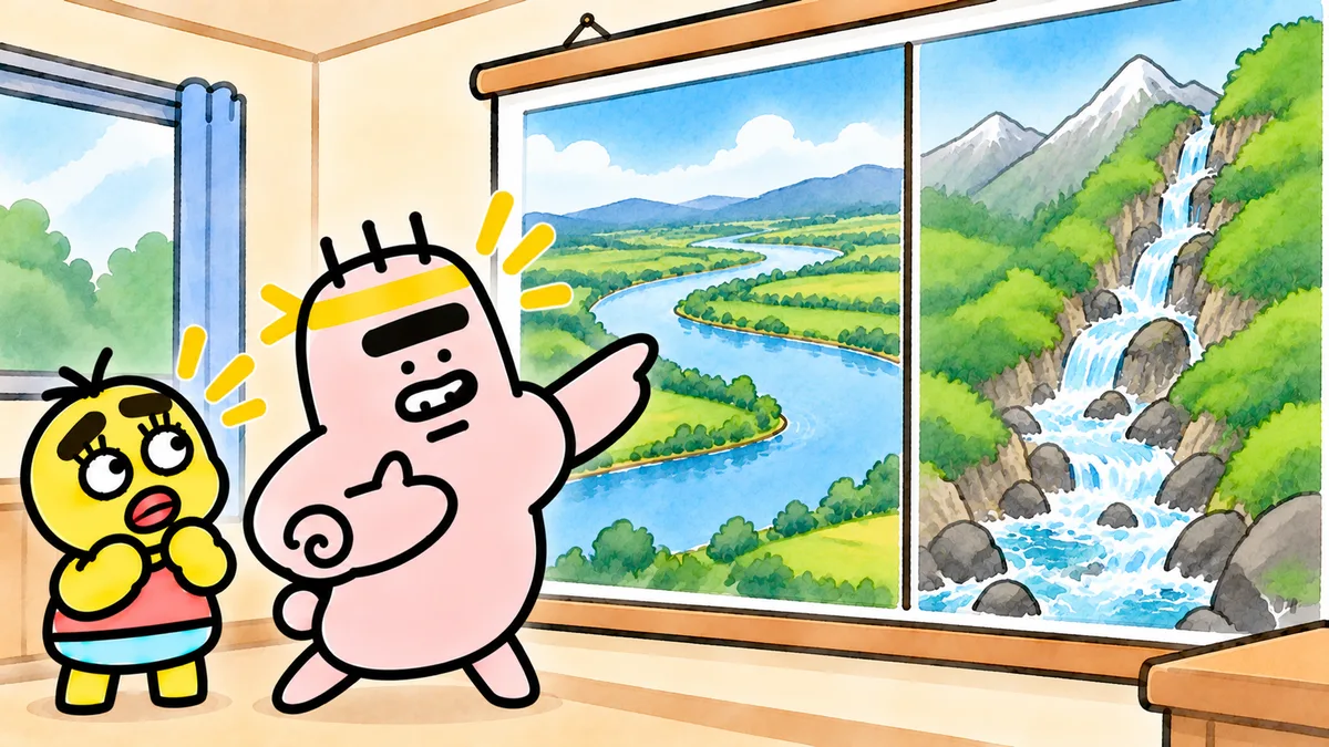 平らな土地をゆったり長く流れる川の絵と、急な山を滝のように流れ落ちる川の絵を、ゴンゾウが熱く指さしている