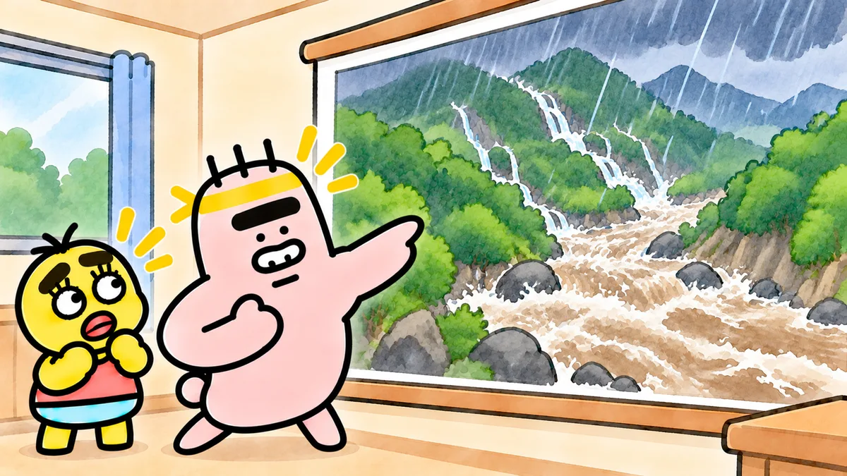 大雨の山で、水がどっと川に集まり、にごった水がいきおいよく流れていく絵を、ゴンゾウが力強く指さしている