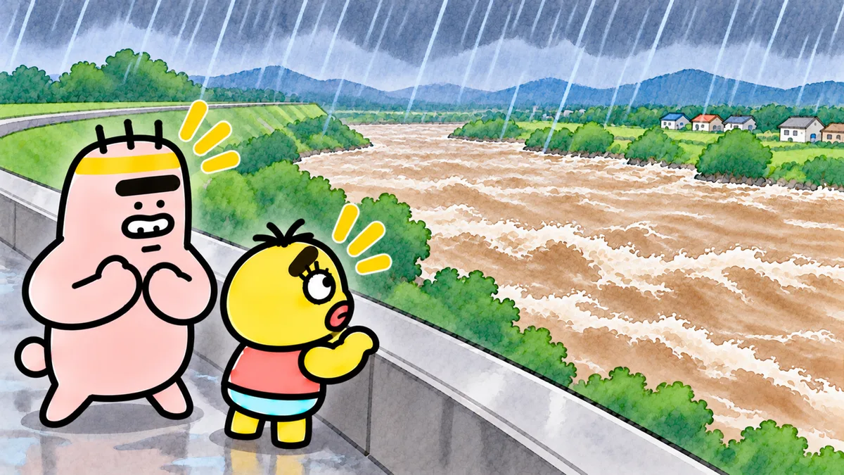 雨のなか、水かさが増してにごった川を見て、ちゃむ太とゴンゾウがはっとしている