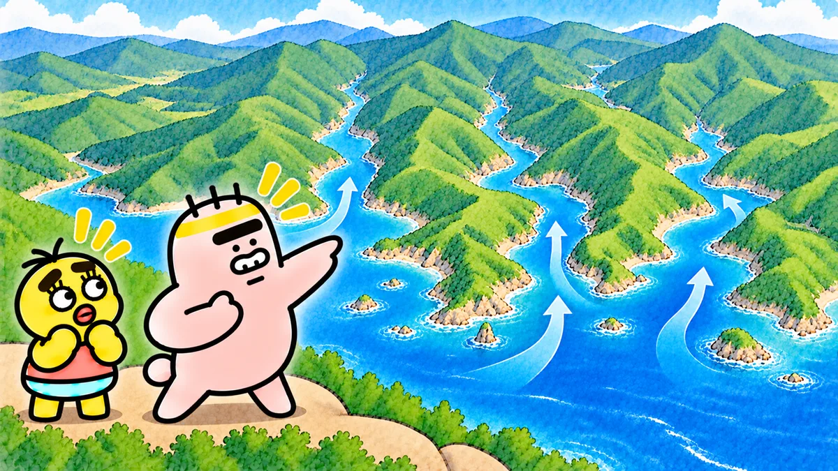 山と谷が並ぶ地形の谷の部分に、矢印のように海の水が入りこんでいる。ゴンゾウが熱く指さしている