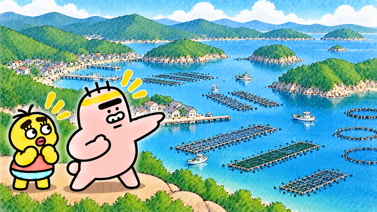 波のおだやかな入り江に、養殖のいかだがたくさん浮かび、漁港の町が広がっている。ゴンゾウが力強く指さしている