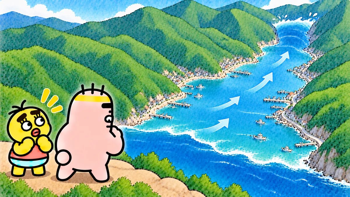 細長い入り江の奥へ向かって、矢印のように海の水が進み、奥で高くせり上がっている様子を、ちゃむ太とゴンゾウが真剣に見ている
