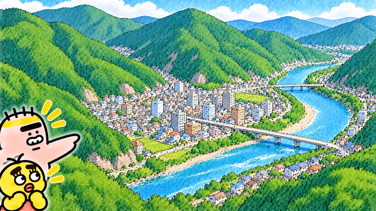 山にかこまれたせまい平地に、家やビルがぎゅっと集まり、そのそばを大きな川が流れている。ゴンゾウが力強く指さしている