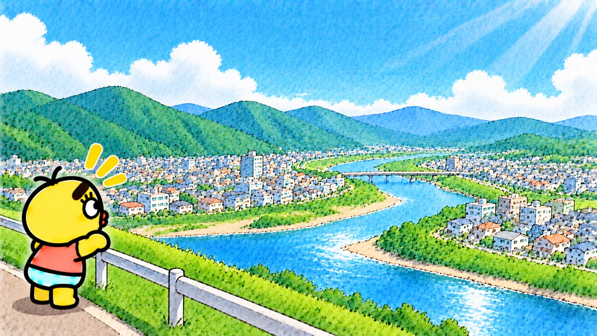 晴れた日に、川の堤防の上から、川ぞいの低い土地に広がる町を見わたして、ちゃむ太がはっとしている