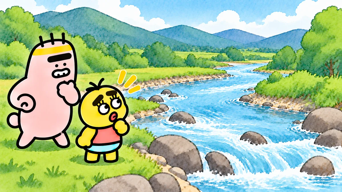 石のごろごろした川原で、流れを見ながらちゃむ太とゴンゾウが考えている