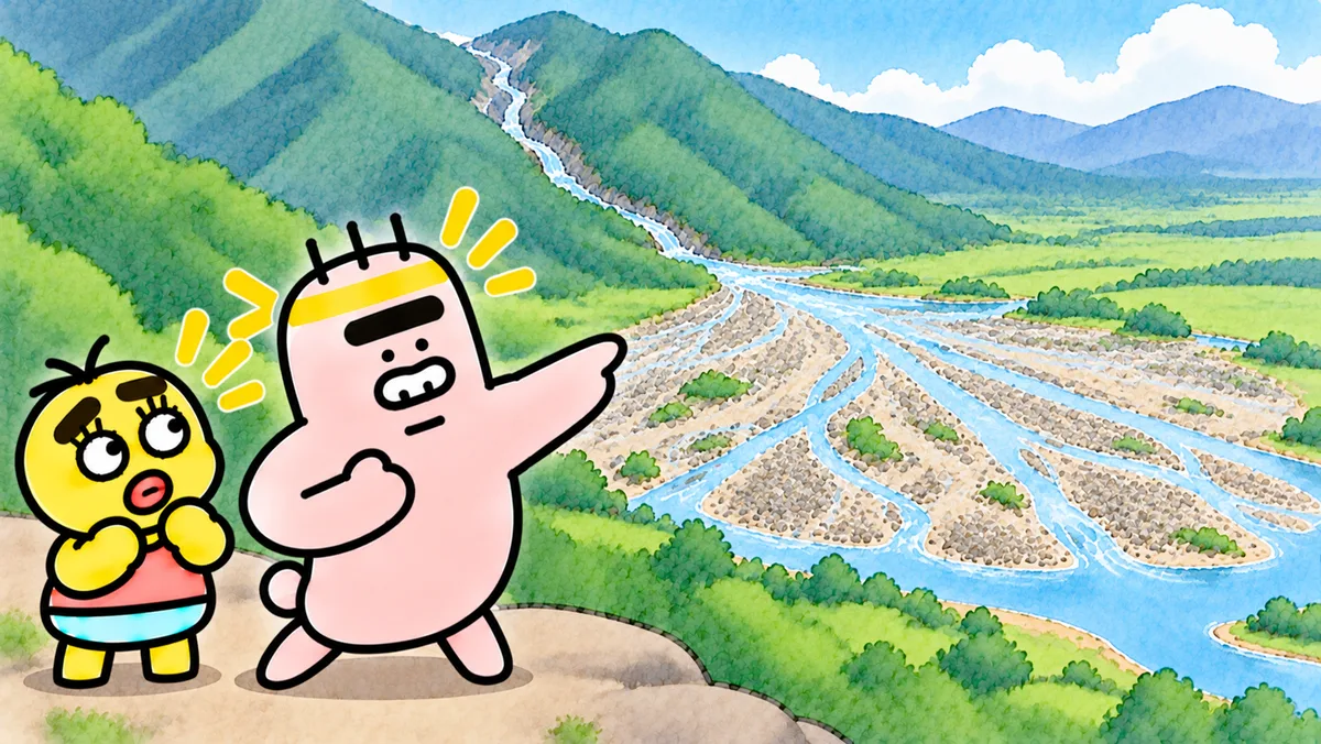 谷から平地に出た川が、扇を広げたような形に石や砂を積もらせ、いく筋にも分かれて流れている。ゴンゾウが熱く指さしている
