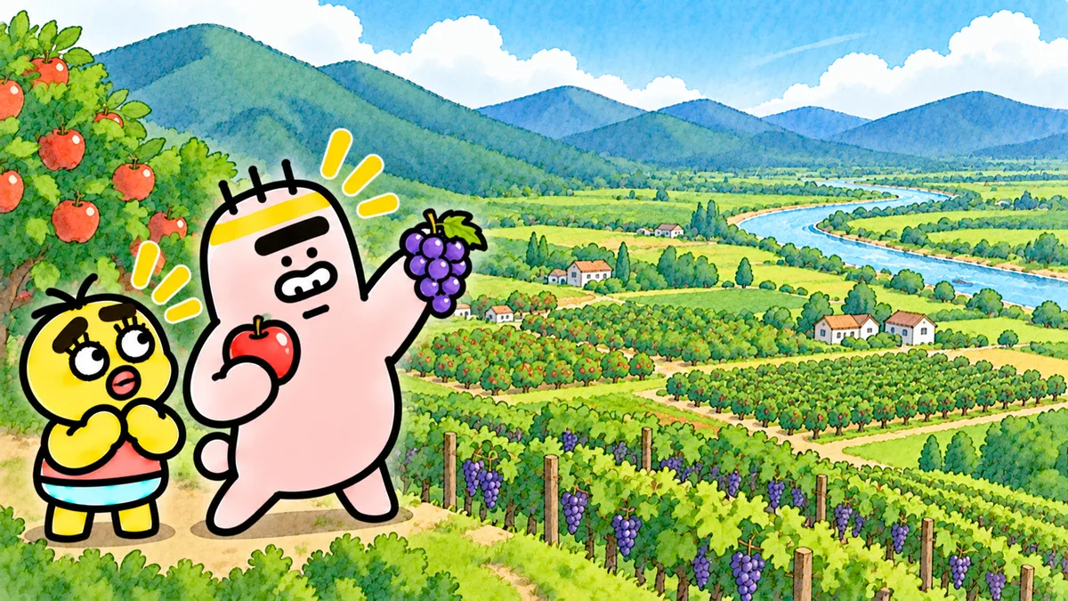 山のふもとのなだらかな土地に、ブドウ畑やリンゴの果樹園が広がっている。ゴンゾウがブドウとリンゴを手に熱く語っている