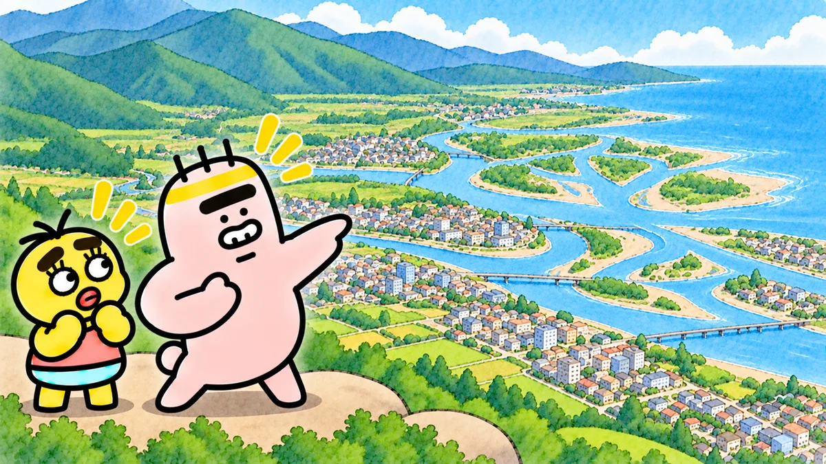 川が海に出るところで枝分かれし、平らな土地に町が広がっている様子を、ちゃむ太とゴンゾウが高台から見下ろしている