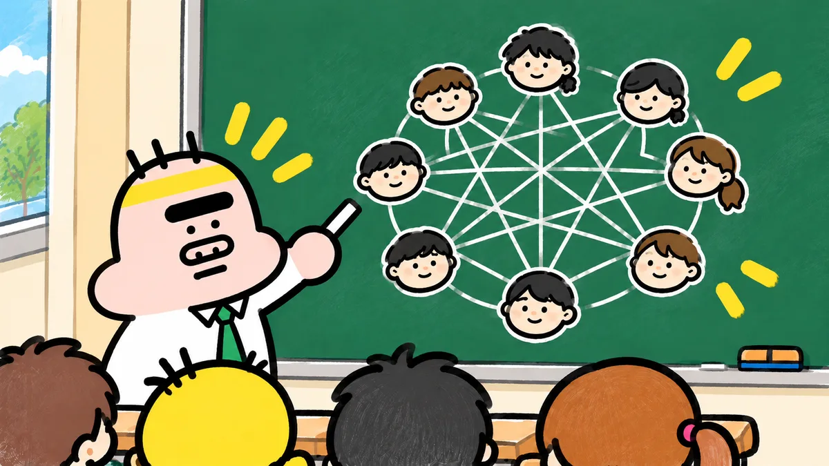 黒板に、輪になって並んだ生徒の顔どうしを何本もの線で結んだ図。ゴンゾウがチョークで指している